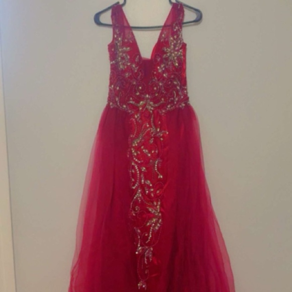 Elegant Red Evening Gown with Silver Embellishments